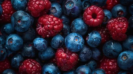 Foto op Aluminium Close-up view of fresh ripe mixed raspberries and blueberries as the background, Generative AI © saltdium