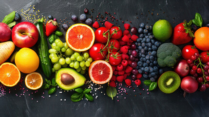 Above view with Many fruits and vegetables on a tabletop background, Generative AI