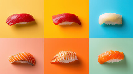 Japanese nigiri Collage with different color background, photo for advertisement, Generative AI