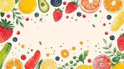 Vector illustration design of mixed fruits and vegetables background, copy space, Generative AI