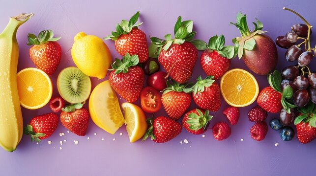 A horizontal image of healthy colorful fruits on the purple background, Generative AI
