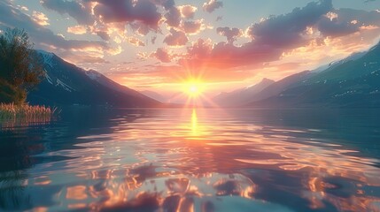 Crystal-clear lake with reflecting a sunset. Generative AI.