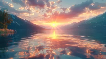 Crédence de cuisine en verre imprimé Réflexion Crystal-clear lake with reflecting a sunset. Generative AI.