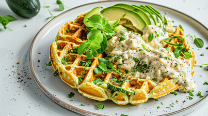 Belgian spinach avocado waffles with cream cheese on a grey plate on light grey concrete background. Side view, close up. Restaurant menu, recipe. Delicious green vegan waffle with avocado