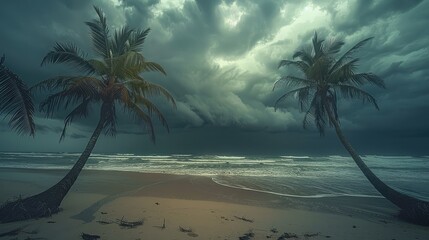 Palm trees ocean beach with ominous storm cloud looming. Generative AI.