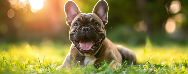 A joyful French Bulldog basks in the outdoor bliss, radiating happiness and carefree energy. Ideal for conveying the sheer joy and positive vibes that come with their playful nature. - obrazy, fototapety, plakaty