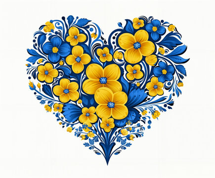 a heart shaped painting with flowers and leaves on it's side, painted in blue and yellow colors, generative ai