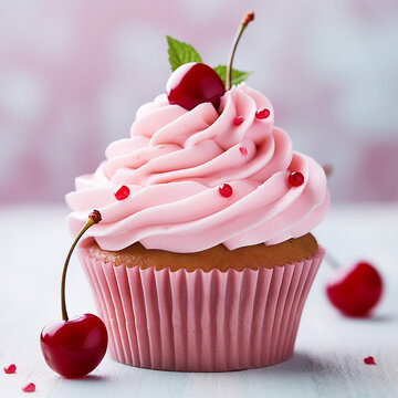 3d photo of delicious cupcake with cherry made with generative ai