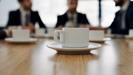 Close-Up of Coffee Cups on a Conference Room Table in Front of Business People Talking