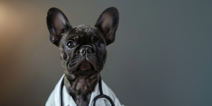 Generative AI, funny doctor dog portrait in uniform on neutral background, copy space, vet clinic banner