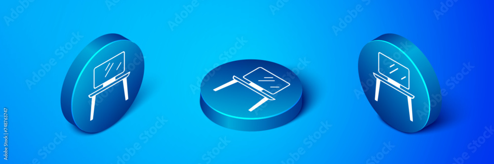 Sticker Isometric TV table stand icon isolated on blue background. Blue circle button. Vector