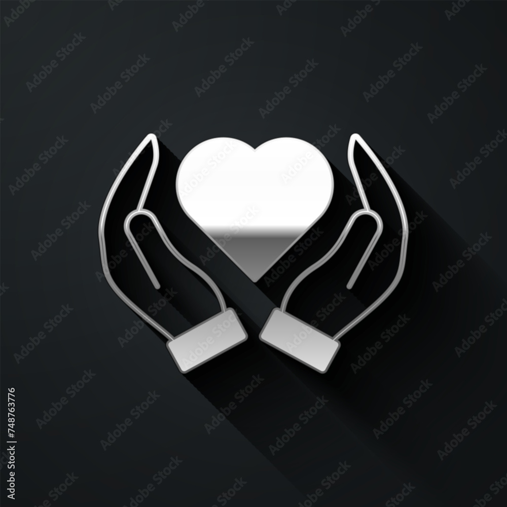 Poster Silver Heart in hand icon isolated on black background. Hand giving love symbol. Valentines day symbol. Long shadow style. Vector