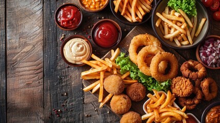 French fries with mozzarella sticks and onion rings. Generative Ai - obrazy, fototapety, plakaty