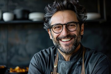 Obraz premium emotional portrait of happy italian chef in glasses. ai generated