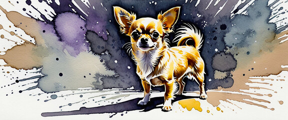 Illustration of a long haired Chihuahua in watercolor style. Portrait of a small brown dog. Abstract watercolor background with splashes.