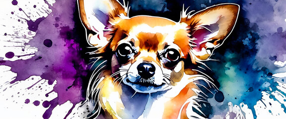 Illustration of a long haired Chihuahua in watercolor style. Close up of dog's face. Abstract watercolor background with splashes.