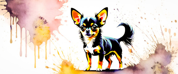 Illustration of a long haired Chihuahua in watercolor style. Portrait of a small dog with pointy ears. Abstract watercolor background with splashes. 