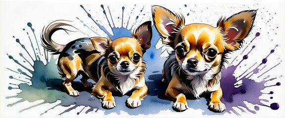 Portrait of two long haired Chihuahuas. 
Illustration of two dogs in watercolor style. Abstract watercolor background with splashes.