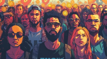 Community and cultural movement towards cryptocurrency adoption, showing a diverse group of people united in their support for digital currency, possibly in a rally or gathering setting. - obrazy, fototapety, plakaty