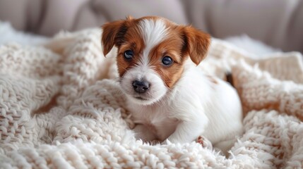 Funny moments: Funny little puppy on a white blanket. Generative Ai