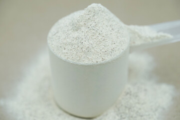 Close up of plant protein powder in plastic scoop. Whey protein powder background.