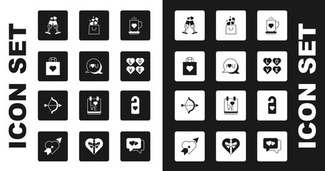 Set Coffee cup and heart, Speech bubble text I love you, Shopping bag with, Glass champagne, Love, Please do not disturb and Bow arrow icon. Vector