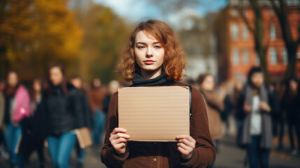 Serious young woman with protest sign at university - obrazy, fototapety, plakaty