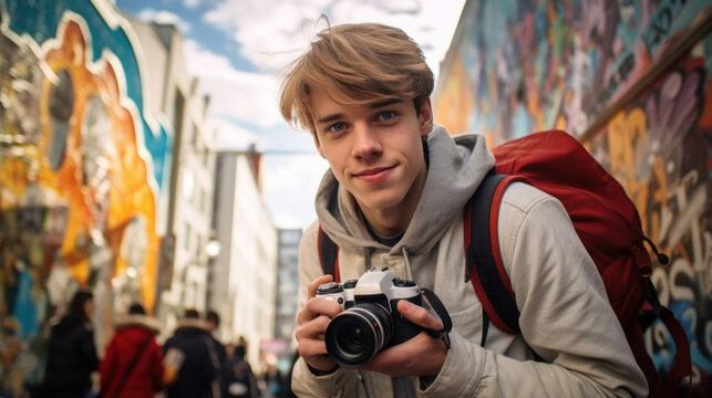 Teen boy with camera exploring urban street art