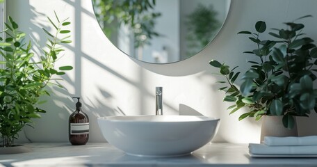 A Pristine Bathroom Interior Featuring a Sink, Mirror, and Bathtub Against White Walls - obrazy, fototapety, plakaty