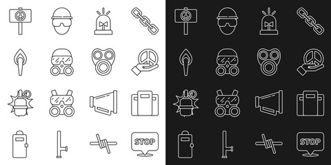 Set line Protest, Police assault shield, Peace, Flasher siren, Gas mask, Torch flame, and icon. Vector