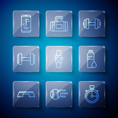 Set line Step platform, Tennis ball, Stopwatch, Dumbbell, Smartwatch, Music player and Fitness shaker icon. Vector