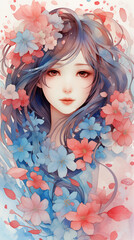 Hand drawn watercolor illustration of beautiful girl among flowers
