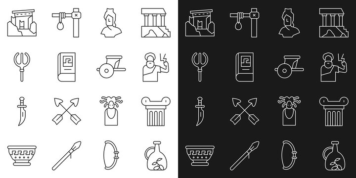 Set line Bottle of olive oil, Ancient column, Zeus, bust sculpture, Greek history book, Neptune Trident, ruins and chariot icon. Vector