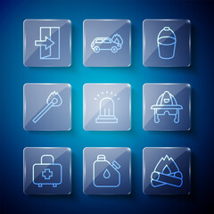 Set line First aid kit, Canister fuel, Campfire, Fire bucket, Ringing alarm bell, Burning match with, exit and Firefighter helmet icon. Vector
