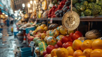 Cryptocurrency in Emerging Markets: Markets in developing countries thriving due to the adoption of cryptocurrency, with a focus on market stalls and digital transactions. - obrazy, fototapety, plakaty