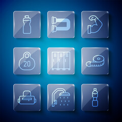 Set line Sport bag, Shower head, Bottle of water, Bodybuilder muscle, Locker changing room, Kettlebell, Fitness shaker and Tape measure icon. Vector