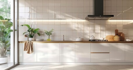 Modern Elegance - A Beige Kitchen Counter Against a White Square Tiled Backsplash - obrazy, fototapety, plakaty