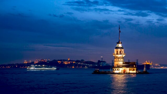 Istanbul The Maiden's Tower (Turkish: Kız Kulesi), also known as Leander's Tower (Tower of Leandros) time lapse at night from day to night, istanbul skyline.