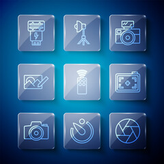 Set line Photo camera, Camera timer, shutter, with flash, Remote control for, retouching, and icon. Vector