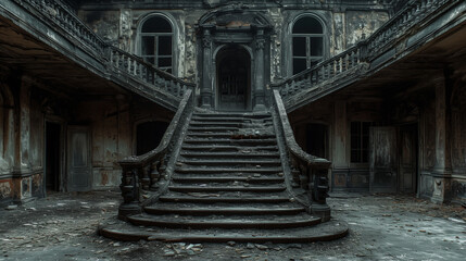 Fototapeta na wymiar Decaying Grandeur: Derelict Mansion Interior