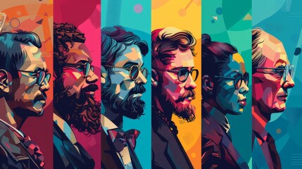 Cryptocurrency Pioneers: Portraits of key figures in the crypto world, stylized as digital art.