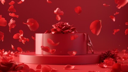 A red box with a rose on top of it is surrounded by red petals