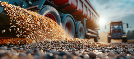 Loading wheat grain at an agricultural plant during harvest - obrazy, fototapety, plakaty