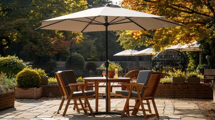 Elegant Table and Chairs Set Underneath a Protective Parasol