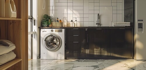 A Spacious Laundry and Utility Room Bathed in Sunlight, Boasting Sleek Appliances and Marble Flooring - obrazy, fototapety, plakaty