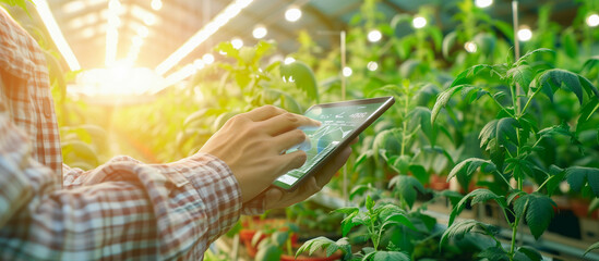 technology farm concept background. young farmer use tablet at greenhouse hydroponic farm - obrazy, fototapety, plakaty