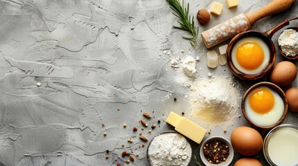 Fototapeta na wymiar Ingredients: flour, sugar, butter, milk, eggs for baking. Generative Ai