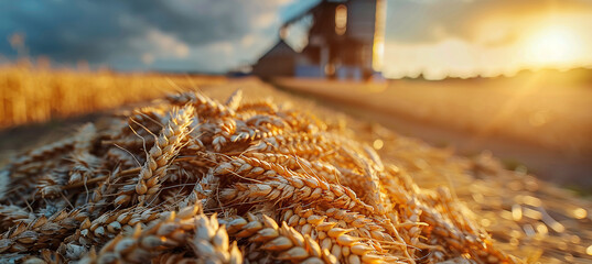 Loading wheat grain at an agricultural plant during harvest - obrazy, fototapety, plakaty