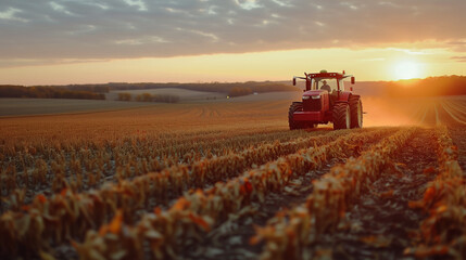 Fototapeta premium Beautiful Red Big Tractor Parked on the Field in the Shiny Day. Tractor spraying pesticides on rice, vegetables and corn with sprayer at spring. Modern red tractor seeding directly into the stubble. 