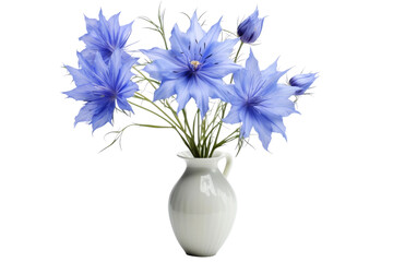 A white ceramic vase filled with vibrant blue flowers, creating a striking contrast against the neutral backdrop. The bouquet is neatly arranged with the delicate petals of the flowers in full bloom.